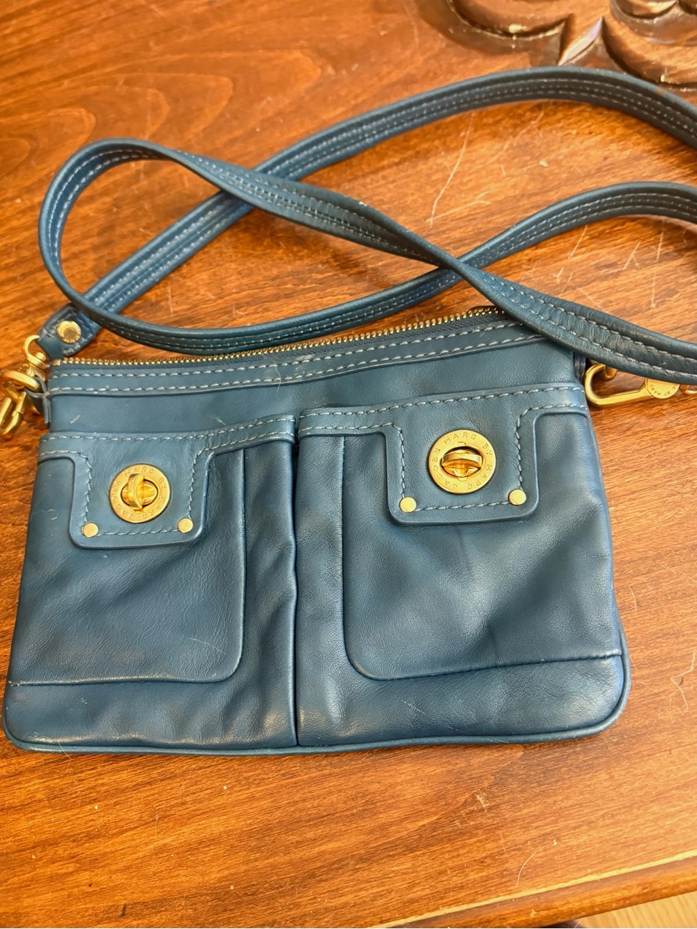 Marc by Marc Jacobs Slate Blue Leather Crossbody with Gold Turnlock Accents